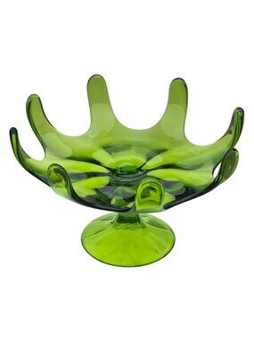 Viking 8 Petal Green Glass Pedestal Fruit Bowl Dish MCM Lotus Mid Century Modern